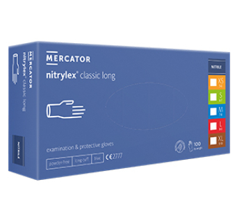 Рукавички нітрилові MERCATOR Nitrylex Classic long BLUE неопудрені, розмір S, 100 шт