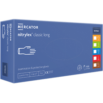 Рукавички нітрилові MERCATOR Nitrylex Classic long BLUE неопудрені, розмір S, 100 шт