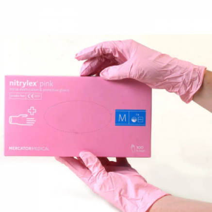 Рукавички нітрилові Mercator Nitrylex PINK неопудрені, розмір M, 100 шт