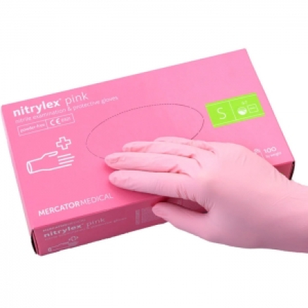 Рукавички нітрилові Mercator Nitrylex PINK неопудрені, розмір S, 100 шт