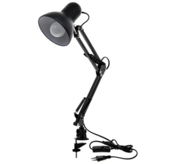 Чорна настільна лампа з довгою рукояттю на затиску до столу