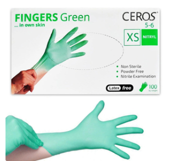 Перчатки нитриловые CEROS Fingers GREEN, XS, 100 шт