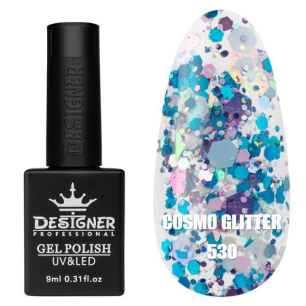Гель лак Cosmo Glitter 530 Designer (9мл.) - з конфетті різних розмірів