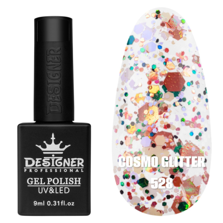 Гель лак Cosmo Glitter 528 Designer (9мл.) - з конфетті різних розмірів