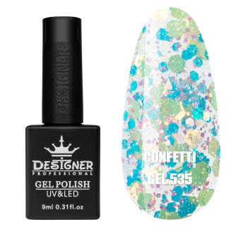 Гель лак Confetti 535 Designer (9мл.) - з конфетті різних розмірів