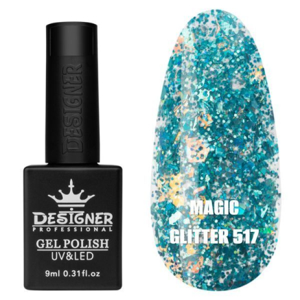 Гель лак Magic glitter 517Designer (9мл.) - з пластівцями різних розмірів та блискітками хамелеон