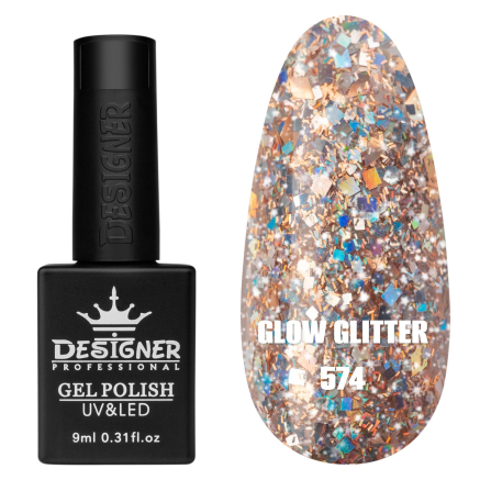 Гель лак Clow Glitter 574 Designer (9мл.) - з пластівцями хамелеон різних розмірів та гліттером