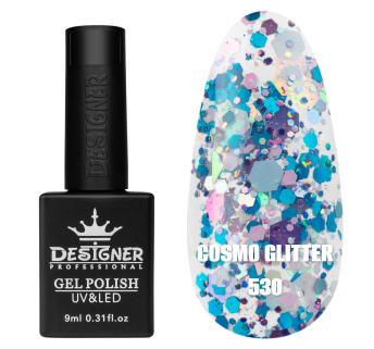 Гель лак Cosmo Glitter 530 Designer (9мл.) - з конфетті різних розмірів