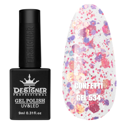 Гель лак Confetti 534 Designer (9мл.) - з конфетті різних розмірів