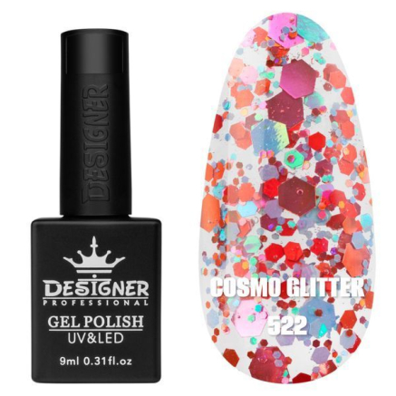 Гель лак Cosmo Glitter 522 Designer (9мл.) - з конфетті різних розмірів