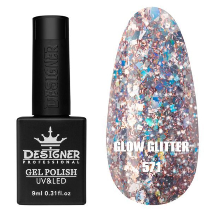 Гель лак Clow Glitter 571 Designer (9мл.) - з пластівцями хамелеон різних розмірів та гліттером