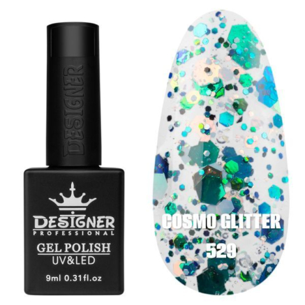 Гель лак Cosmo Glitter 529 Designer (9мл.) - з конфетті різних розмірів