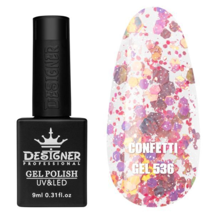 Гель лак Confetti 536 Designer (9мл.) - з конфетті різних розмірів