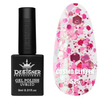 Гель лак Cosmo Glitter 525 Designer (9мл.) - з конфетті різних розмірів