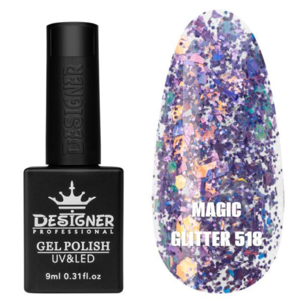 Гель лак Magic glitter 518 Designer (9мл.) - з пластівцями різних розмірів та блискітками хамелеон