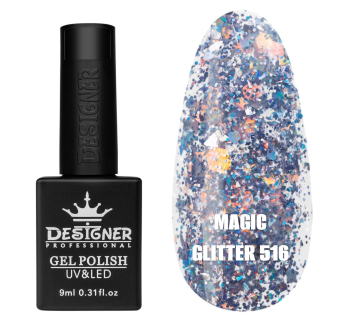Гель лак Magic glitter 516 Designer (9мл.) - з пластівцями різних розмірів та блискітками хамелеон