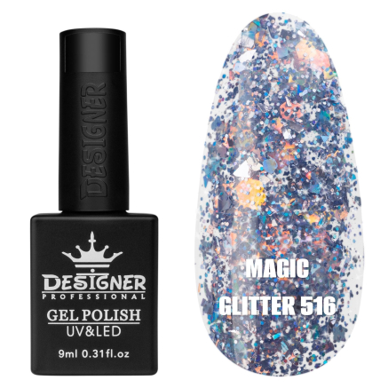 Гель лак Magic glitter 516 Designer (9мл.) - з пластівцями різних розмірів та блискітками хамелеон
