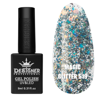 Гель лак Magic glitter 519 Designer (9мл.) - з пластівцями різних розмірів та блискітками хамелеон