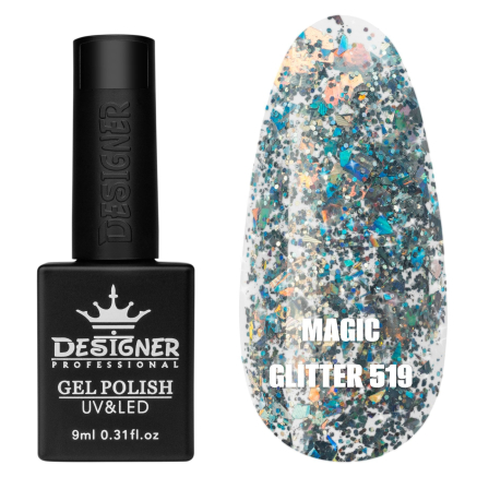 Гель лак Magic glitter 519 Designer (9мл.) - з пластівцями різних розмірів та блискітками хамелеон