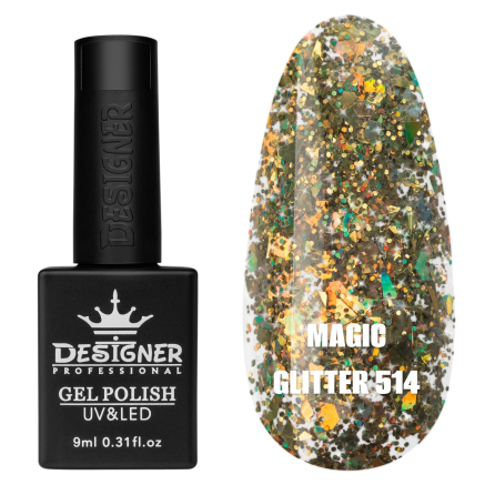 Гель лак Magic glitter 514 Designer (9мл.) - з пластівцями різних розмірів та блискітками хамелеон