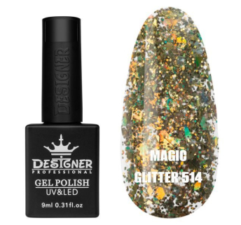 Гель лак Magic glitter 514 Designer (9мл.) - з пластівцями різних розмірів та блискітками хамелеон