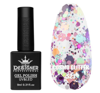 Гель лак Cosmo Glitter 523 Designer (9мл.) - з конфетті різних розмірів