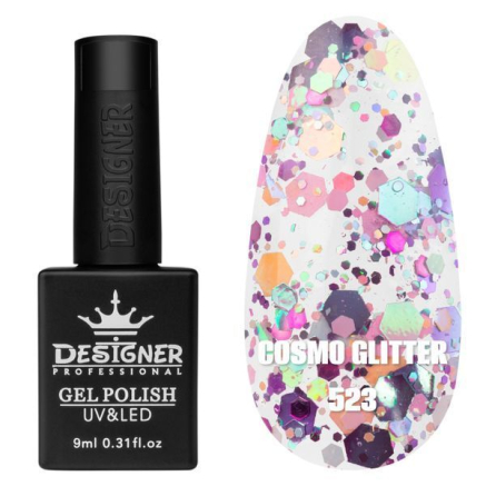 Гель лак Cosmo Glitter 523 Designer (9мл.) - з конфетті різних розмірів