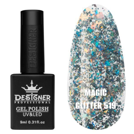 Гель лак Magic glitter 519 Designer (9мл.) - з пластівцями різних розмірів та блискітками хамелеон