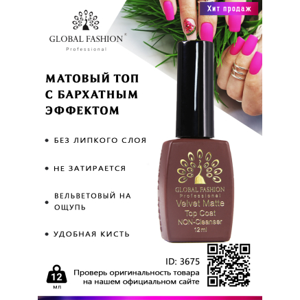 Матовий топ без липкого шару, Top Matte Velvet, 12 мл