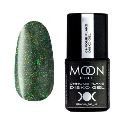 Гель-лак Moon Full Chrome Flake Disko 004 полиново-зелений із золотаво-зеленими шимерами та слюдою. світловідбиваючий. 8 мл (5908254192654)