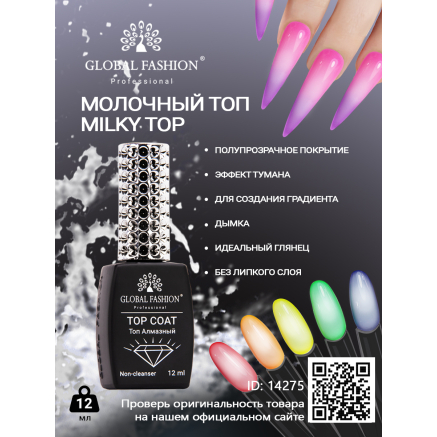 Молочний топ без липкого шару (топ/фініш) Global Fashion Milk Top Coat, 12 мл