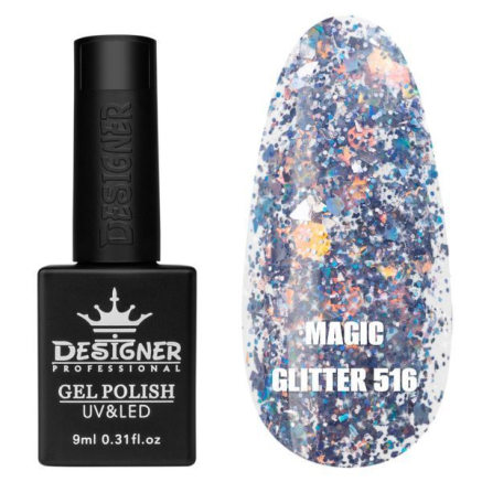 Гель лак Magic glitter 516 Designer (9мл.) - з пластівцями різних розмірів та блискітками хамелеон