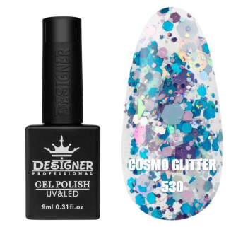 Гель лак Cosmo Glitter 530 Designer (9мл.) - з конфетті різних розмірів