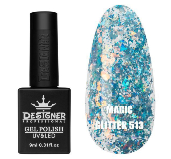 Гель лак Magic glitter 513 Designer (9мл.) - з пластівцями різних розмірів та блискітками хамелеон