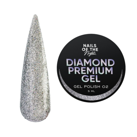 Гель-лак Nails Of The Night Diamond Premium Gel 02. срібний голографік з дрібною металевою поталлю. 5 мл (4824343077002)