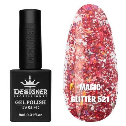 Гель лак Magic glitter 521 Designer (9мл.) - з пластівцями різних розмірів та блискітками хамелеон