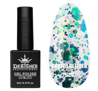 Гель лак Cosmo Glitter 529 Designer (9мл.) - з конфетті різних розмірів