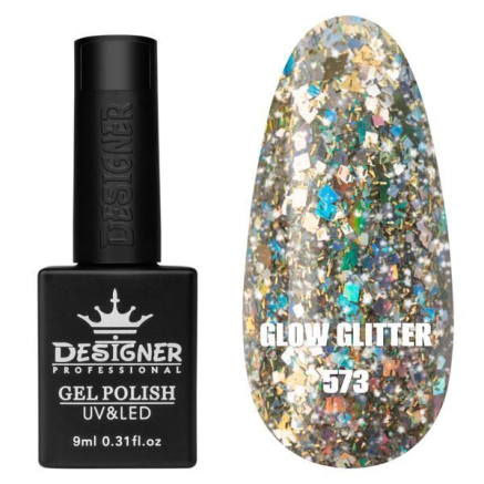 Гель лак Clow Glitter 573 Designer (9мл.) - з пластівцями хамелеон різних розмірів та гліттером