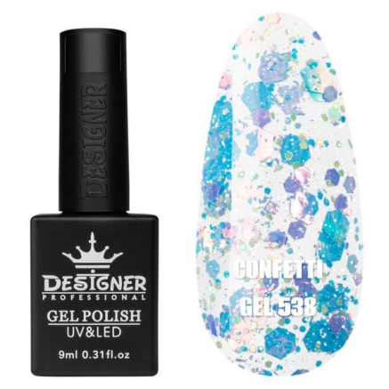 Гель лак Confetti 538 Designer (9мл.) - з конфетті різних розмірів
