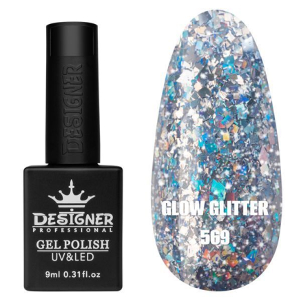 Гель лак Clow Glitter 569 Designer (9мл.) - з пластівцями хамелеон різних розмірів та гліттером