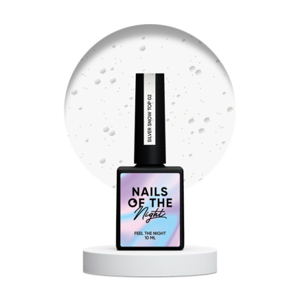 Топ глянцевый без липкого слоя Nails Of The Night Snow Top 02 Silver с серебряными шестигранниками разных размеров. 10 мл (4828332110503)