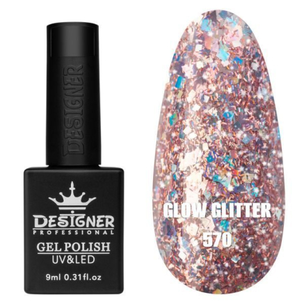Гель лак Clow Glitter 570 Designer (9мл.) - з пластівцями хамелеон різних розмірів та гліттером