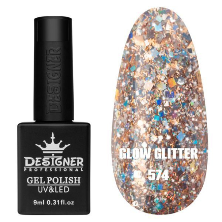 Гель лак Clow Glitter 574 Designer (9мл.) - з пластівцями хамелеон різних розмірів та гліттером