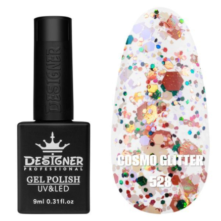 Гель лак Cosmo Glitter 528 Designer (9мл.) - з конфетті різних розмірів
