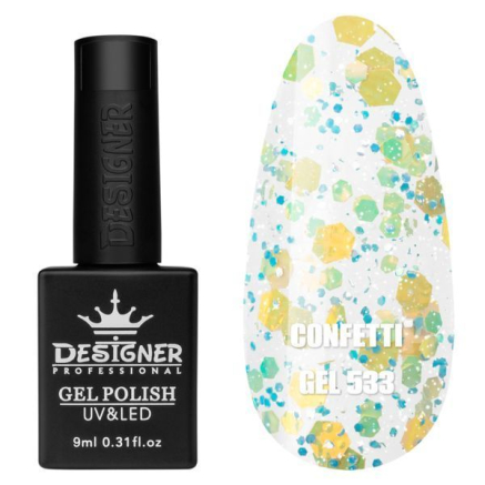 Гель лак Confetti 533 Designer (9мл.) - з конфетті різних розмірів