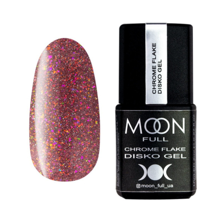 Гель-лак Moon Full Chrome Flake Disko 001 полуничний латте з різнокольоровими шимерами та слюдою. світловідбиваючий. 8 мл (5908254192623)