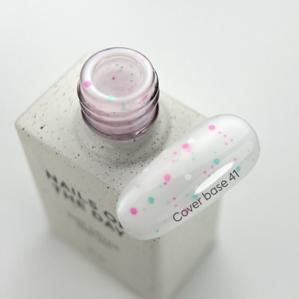 NAILSOFTHEDAY Cover basе 41 confetti — насичено-молочне з рожевим, бірюзовим та білим конфетті базове покриття для нігтів, 10 мл