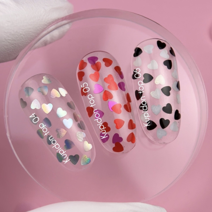 NAILSOFTHEDAY Kupidon top 04 — ніжне фінішне покриття для нігтів з голографічними сердечками, без липкого шару, 10 мл