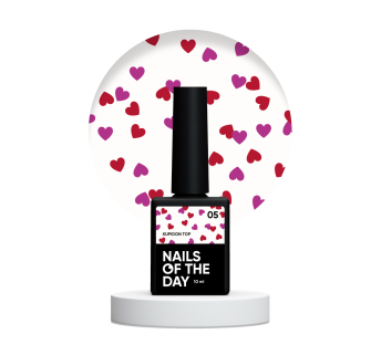 NAILSOFTHEDAY Kupidon top 05 — ніжне фінішне покриття для нігтів з насичено червоними та малиновими сердечками, без липкого шару, 10 мл
