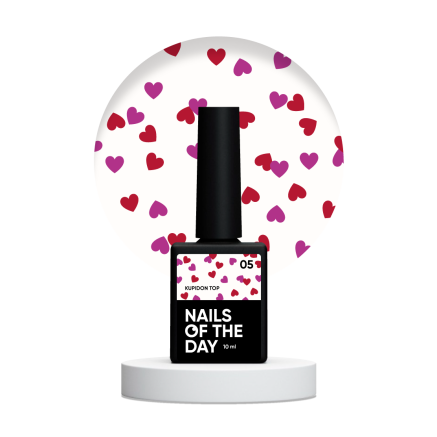 NAILSOFTHEDAY Kupidon top 05 — ніжне фінішне покриття для нігтів з насичено червоними та малиновими сердечками, без липкого шару, 10 мл